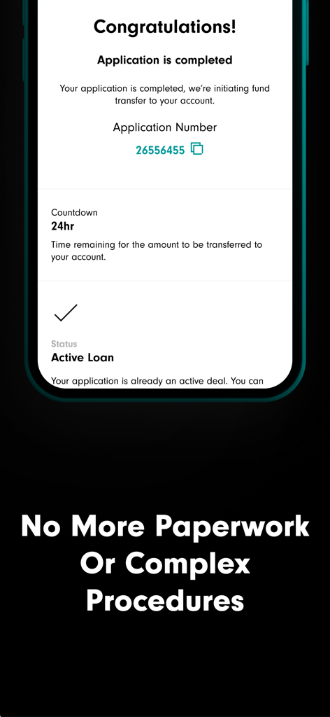 JB  Finance جيبي للتمويل - JB Finance app screen showing a successful loan application completion and active status