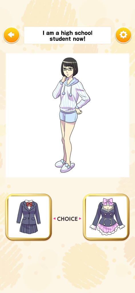 Dress Up and Happy Life - A character in a dress-up game choosing between a standard school uniform and a frilly outfit.