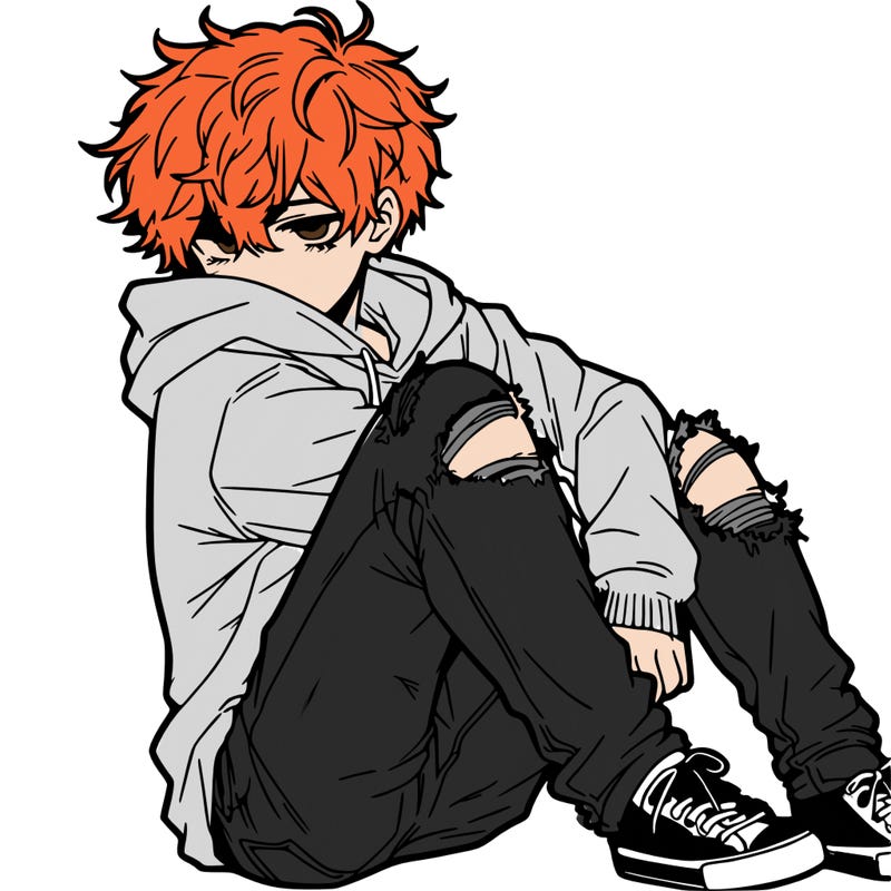 a male hoddie ripped jeans messy hair anime