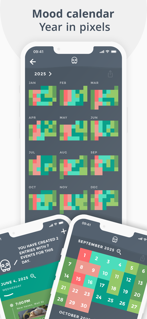Moodistory app interface displaying a color coded yearly and monthly mood tracker calendar