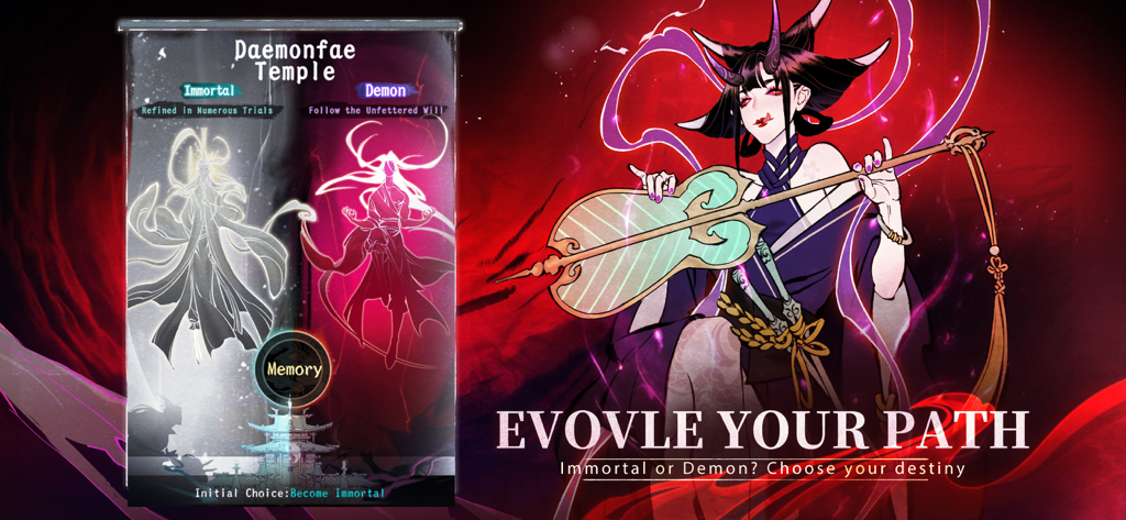 A choice screen in Overmortal Idle RPG between Immortal and Demon paths with character artwork