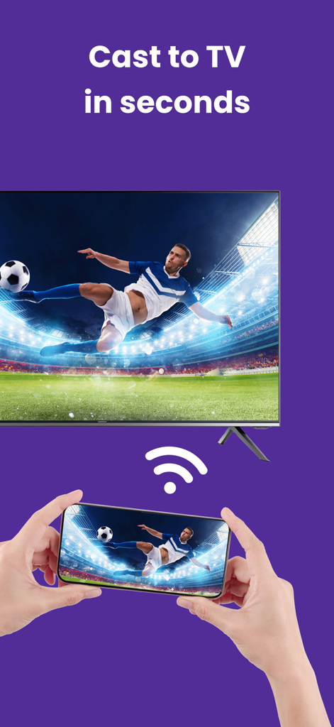 Remotevio: Smart TV Remote - User casting a live soccer match from a mobile phone to a smart TV