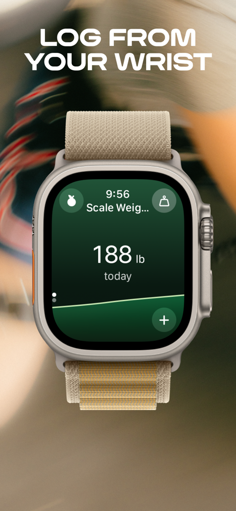 MacroFactor - Macro Tracker - Aplicación MacroFactor en un Apple Watch que muestra una entrada de peso de 188 libras con un gráfico de línea de tendencia.
