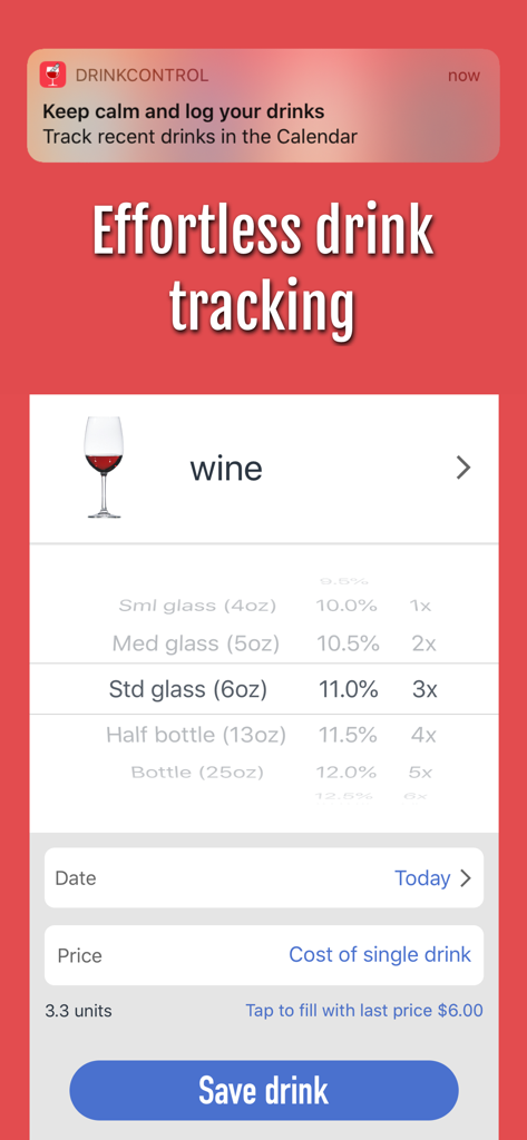 DrinkControl: Alcohol Tracker - DrinkControl mobile app interface for effortless tracking of wine consumption volume and price
