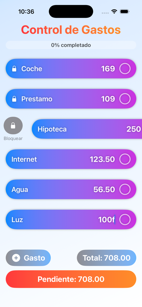 Control de Gastos Sencillo - Interfaz de la aplicación Control de Gastos Sencillo que muestra una lista de gastos domésticos mensuales y totales