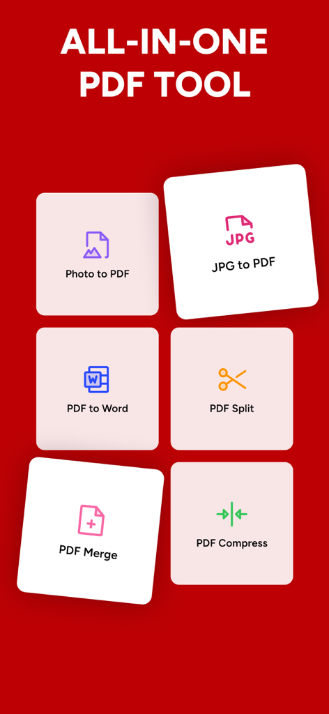 JPG to PDF - PDF Convertor - A red background featuring six different PDF tool icons including Photo to PDF, JPG to PDF, PDF to Word, PDF Split, PDF Merge, and PDF Compress.