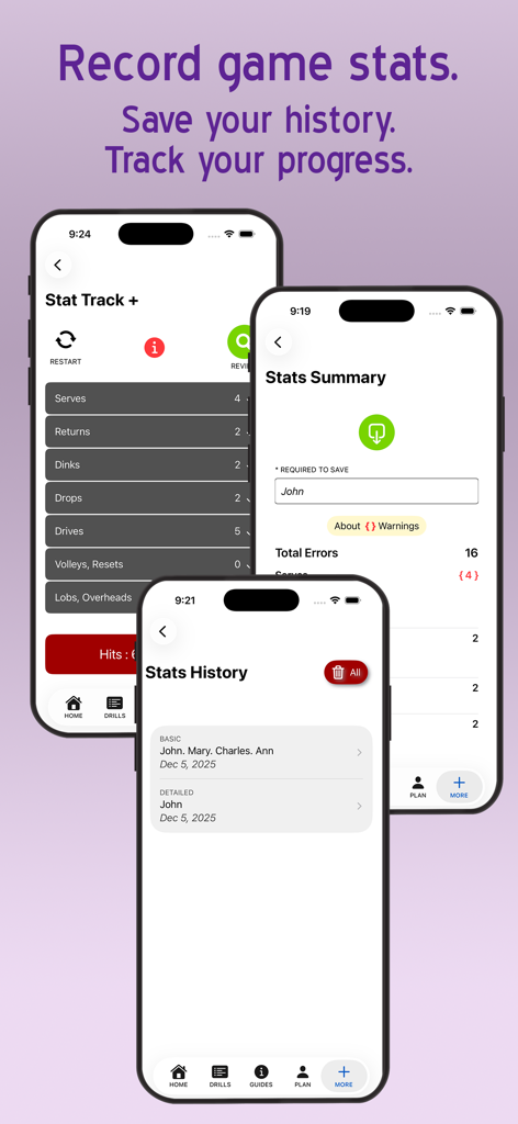 Screenshots of the pickleball drills app showing game stats tracking and history features