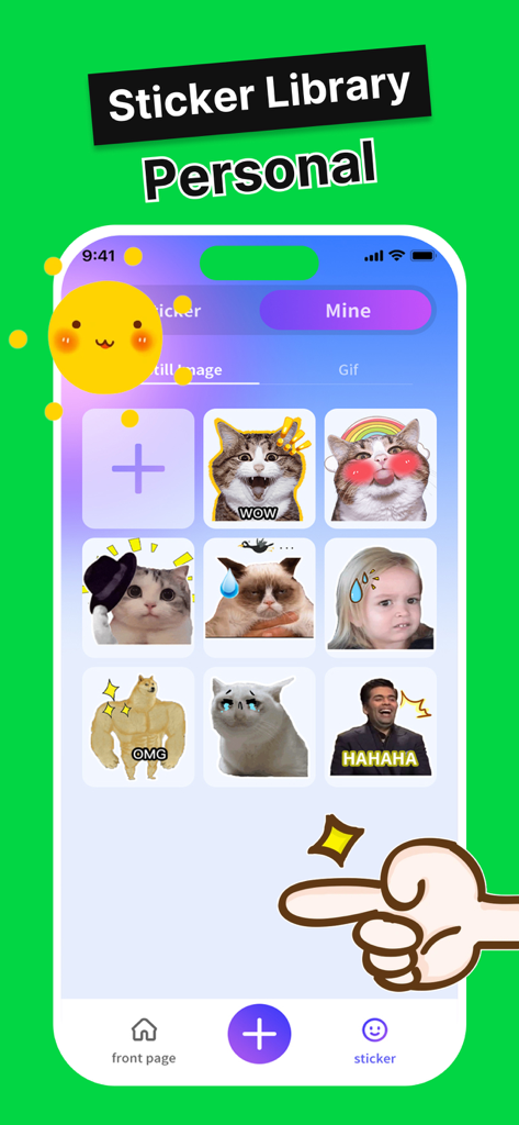 Sticker by Sticker Maker - Sticker Library screen of the Sticker by Sticker Maker app showing a collection of custom meme stickers