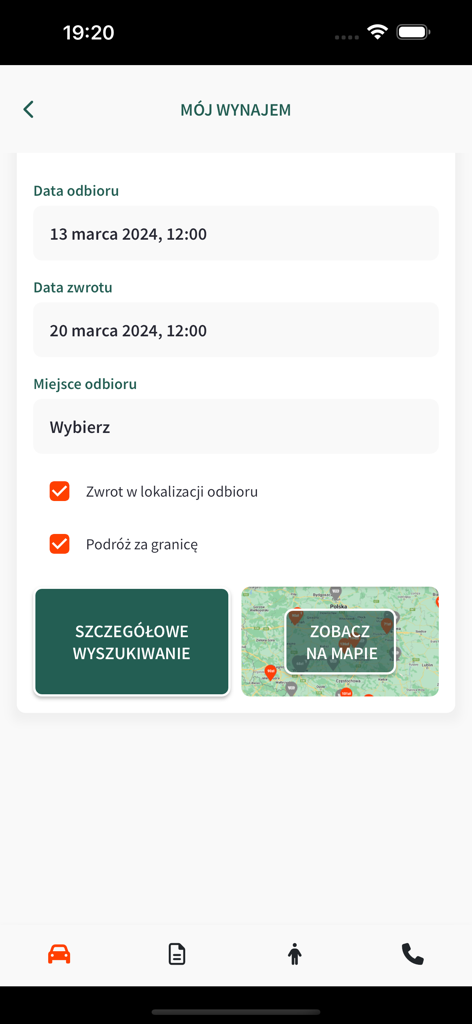 BEEP.rent - BEEP.rent의 모바일 앱 인터페이스로, 차량 렌탈을 위한 픽업 및 반납 날짜 선택과 위치 옵션을 보여줍니다.