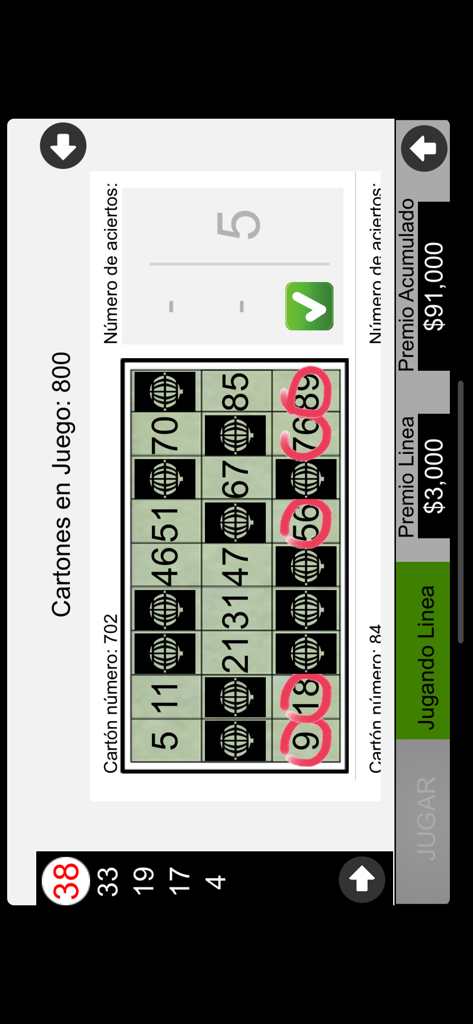 QuickPad - Interface of the QuickPad app showing a digital bingo card with marked numbers and current prize totals