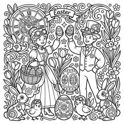 Embark on an extraordinary Easter journey with our unique coloring page featuring charming Steampunk Time Travelers. Discover a world where gears meet spring blossoms, and futuristic fashion celebrates ancient traditions, offering a delightful and detailed coloring experience.