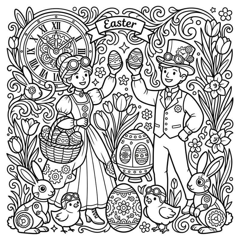 Embark on an extraordinary Easter journey with our unique coloring page featuring charming Steampunk Time Travelers. Discover a world where gears meet spring blossoms, and futuristic fashion celebrates ancient traditions, offering a delightful and detailed coloring experience.