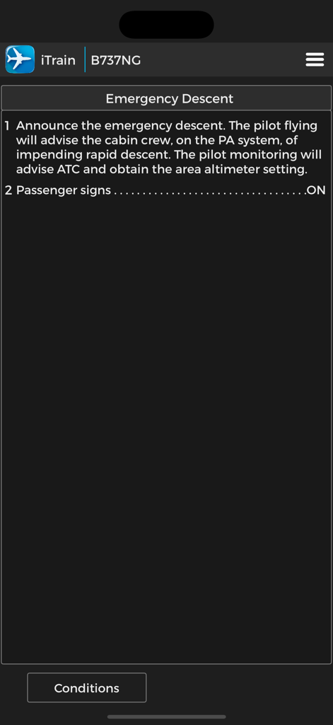 Checkliste für das Notfall-Sinkverfahren im iTrain B737NG Pilotentrainings-App-Interface