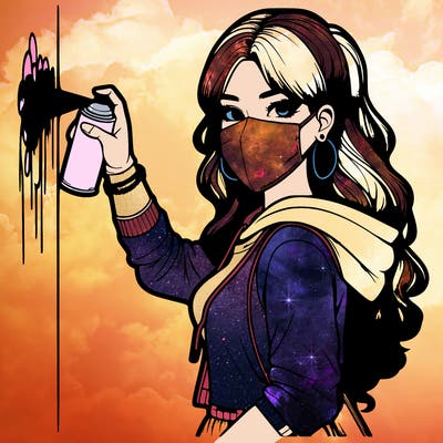 realistic girl with mask spray painting a wall