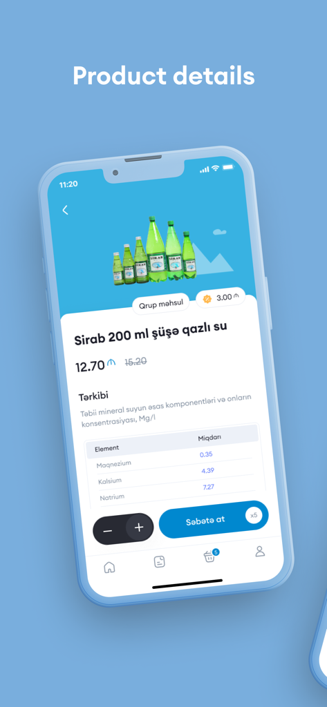 Mobile app interface displaying product details for Sirab sparkling water with pricing and mineral composition