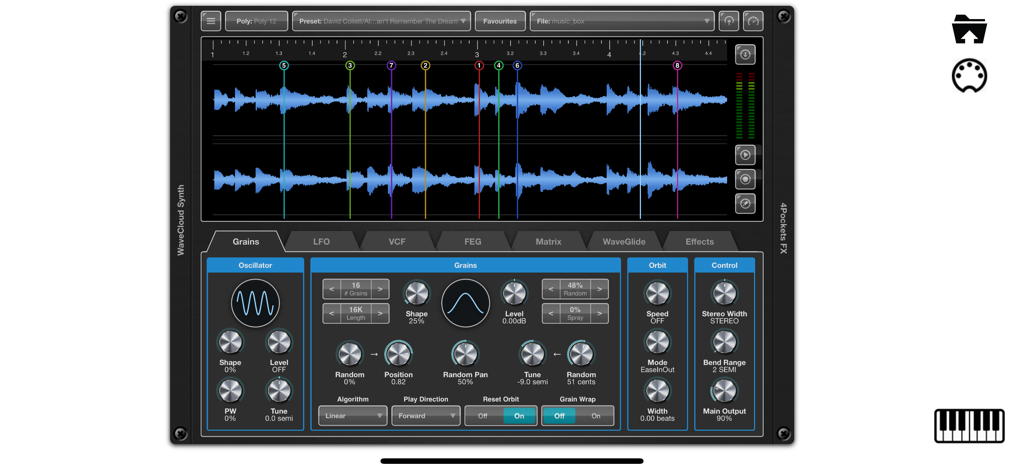 WaveCloud App-Oberfläche mit Granular-Synthese-Steuerelementen und Audio-Wellenform-Visualisierer