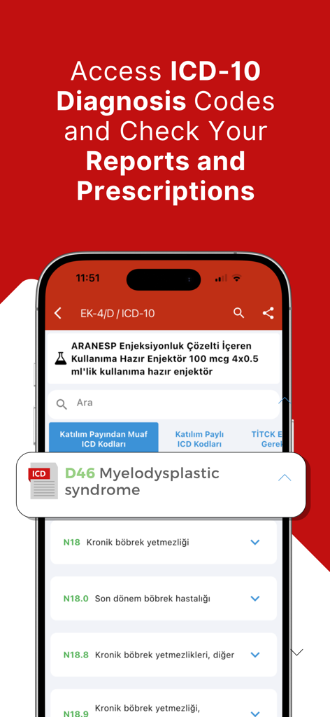 Vademecum Mobile: Guide - Screenshot of Vademecum Mobile app interface showing ICD 10 diagnosis codes and prescription checking features.