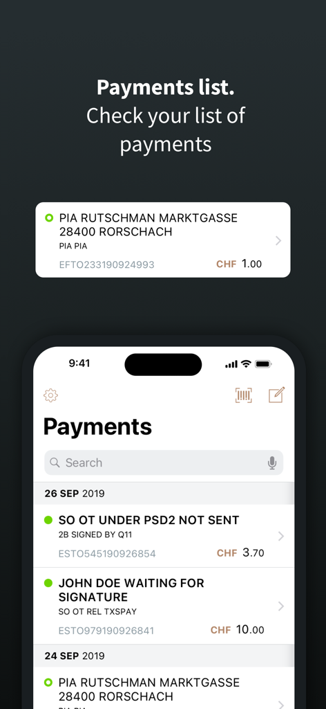 Application mobile EFG Banking affichant une liste détaillée des transactions et des statuts de paiement.
