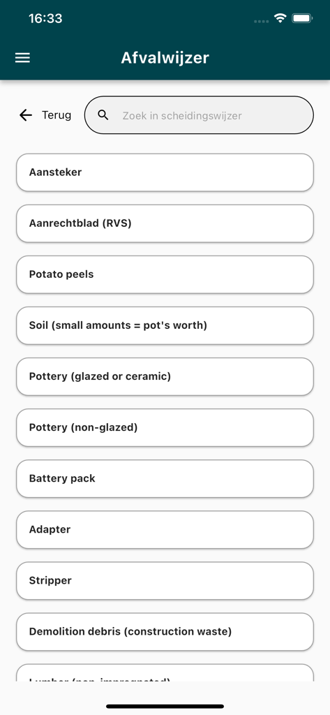 Blink Afval mobile app screen showing a searchable waste guide with a list of household items like battery packs and potato peels for recycling instructions