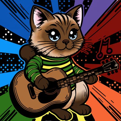 pop art cat with a guitar