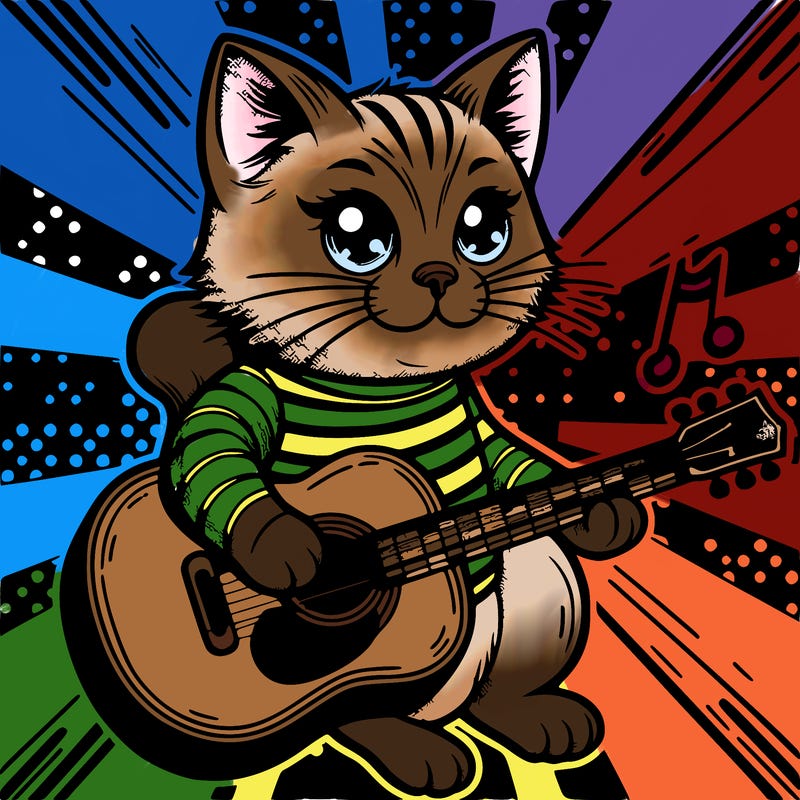 pop art cat with a guitar