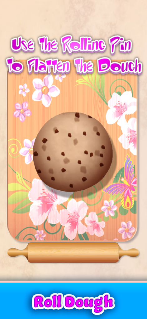 Cookie Maker & Cooking Games - Flattening chocolate chip cookie dough with a rolling pin in a cooking game