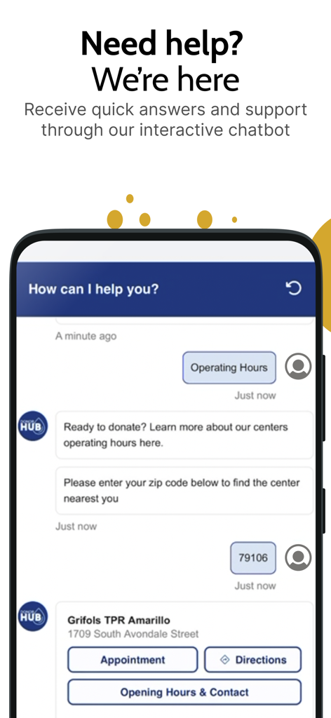 Grifols Plasma Donor Hub interactive chatbot interface showing a donor center location and appointment booking options
