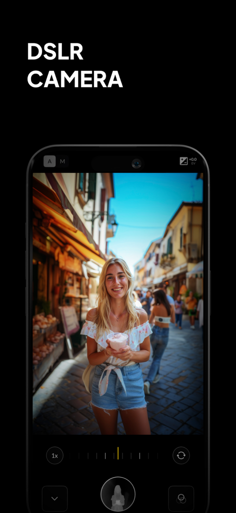 Phocus: Portrait Mode Editor - Phocus app interface showing DSLR camera manual controls and professional portrait bokeh effect