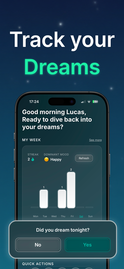 Dreamee - Dream Journal - Interface do aplicativo Dreamee mostrando um painel de rastreamento de sonhos com estatísticas semanais e um prompt de registro