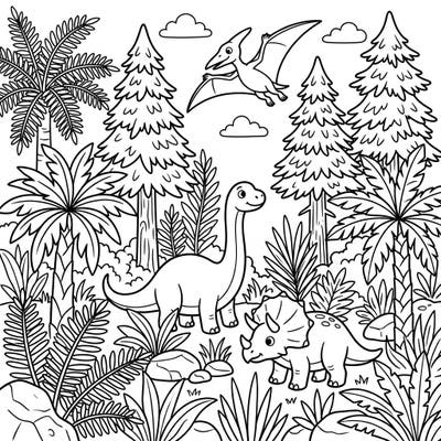 Ignite your child's imagination with this exciting dinosaur jungle coloring page, perfect for young paleontologists aged 4-8. They'll love bringing to life a friendly Brontosaurus, a mighty Triceratops, and a soaring Pterodactyl amidst ancient ferns and towering trees.