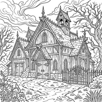 Unleash your creativity with this captivating coloring page featuring a majestic Gothic historic barn. Delve into its intricate architecture and mysterious charm, bringing it to life with your unique color palette.