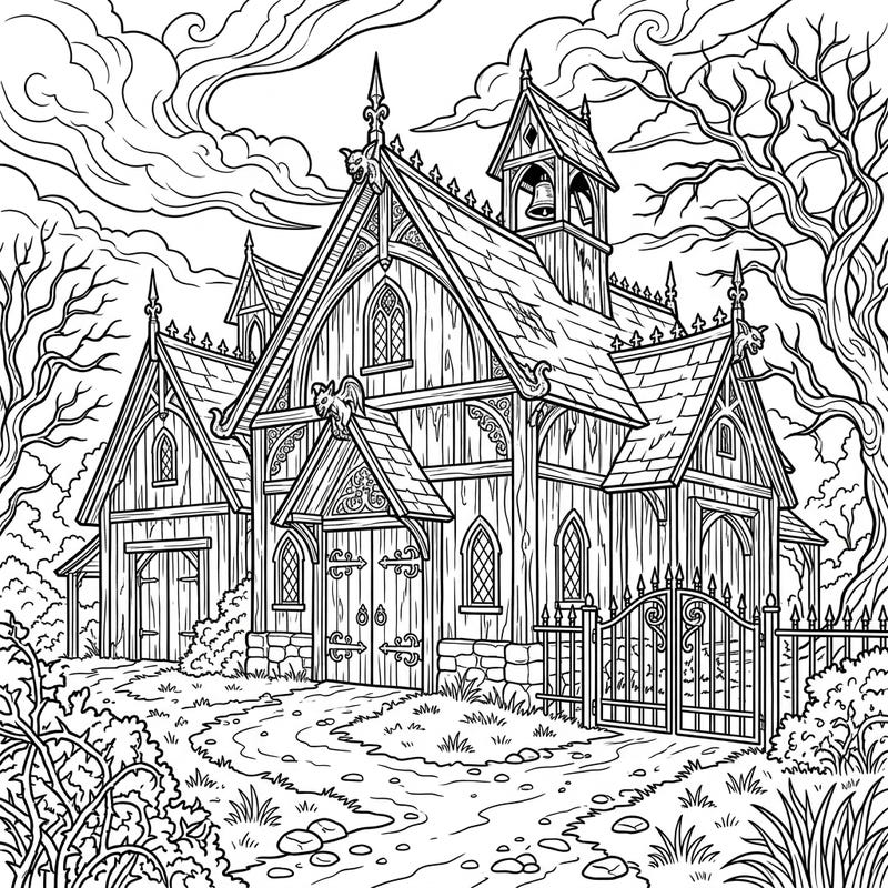 Unleash your creativity with this captivating coloring page featuring a majestic Gothic historic barn. Delve into its intricate architecture and mysterious charm, bringing it to life with your unique color palette.