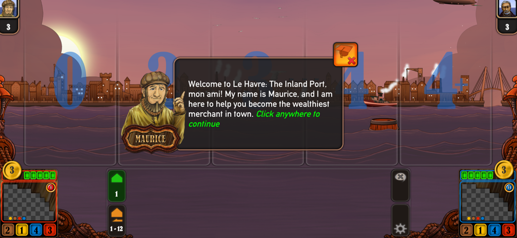 Maurice the merchant character introducing the tutorial in the Le Havre Inland Port board game.