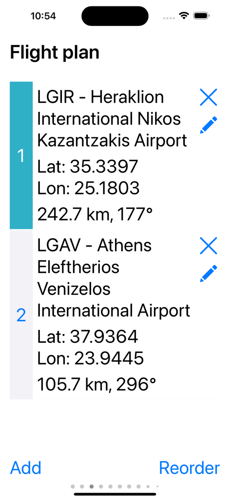 A-EFIS Black and White - Interfaz del plan de vuelo en A-EFIS que muestra puntos de referencia y coordenadas del aeropuerto