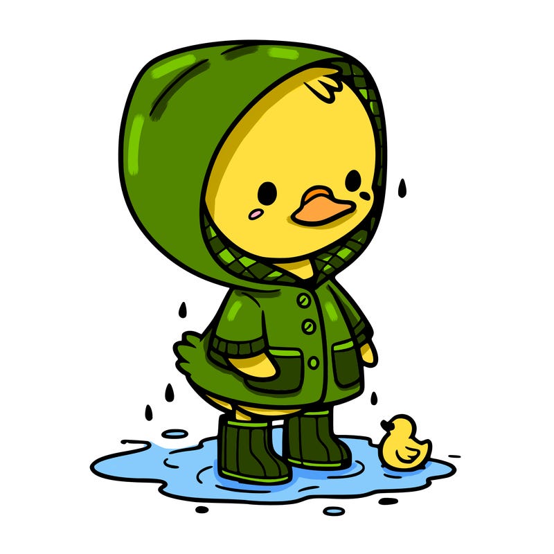 baby duck in a rain coat and boots, in a puddle while it’s raining