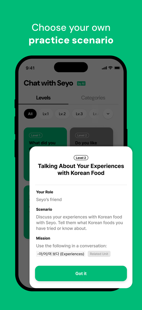 Seyo: Speak Korean Confidently - A mobile interface for the Seyo app showing a practice scenario titled Talking About Your Experiences with Korean Food with a mission to use specific grammar.