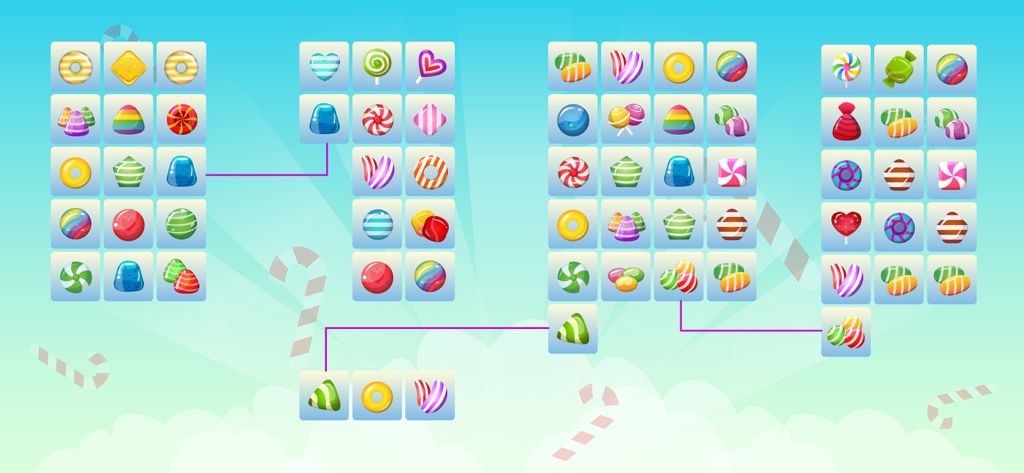 Gameplay screenshot of a candy-themed tile matching puzzle game showing connected pairs