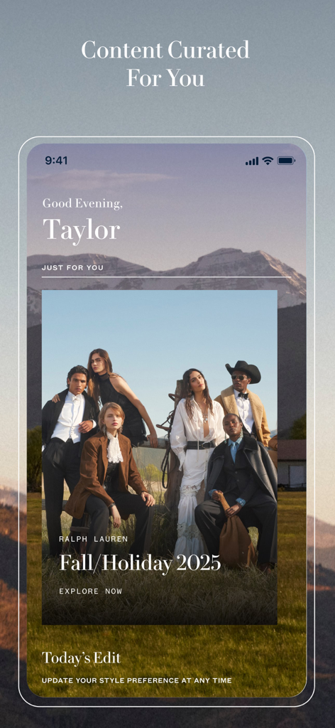 Ralph Lauren app interface showing a personalized style feed with curated Fall Holiday 2025 editorial content