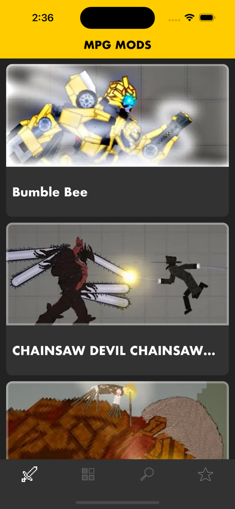 A list of character mods including Bumble Bee and Chainsaw Devil in the MPG Mods app interface.