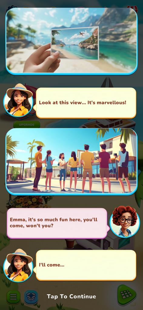 Summer Love: Merge & Story - Two female characters talking about a beautiful seaside vacation spot in a dialogue box.