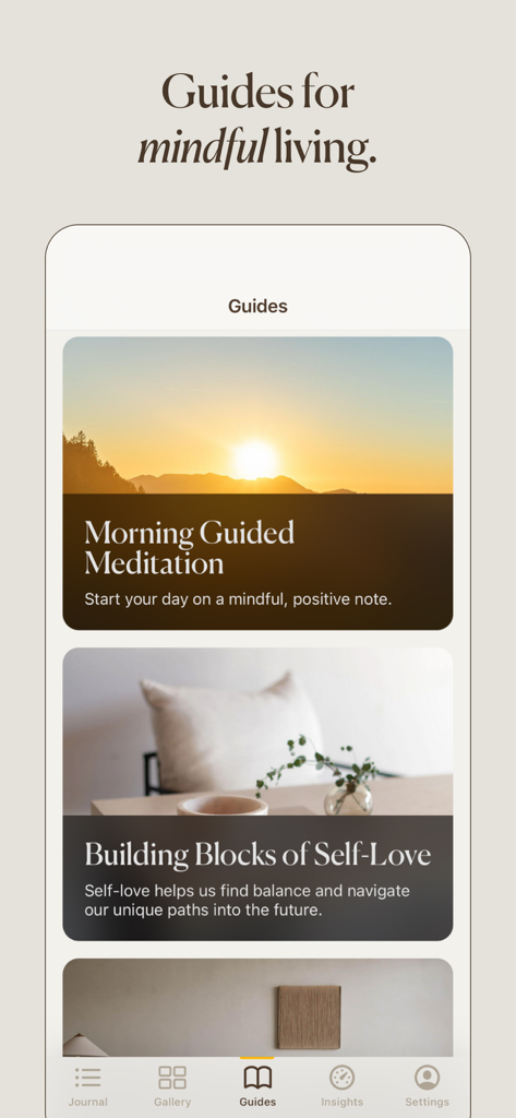 Smartphone screen showing mindfulness and meditation guides in the 5 Minute Journal app
