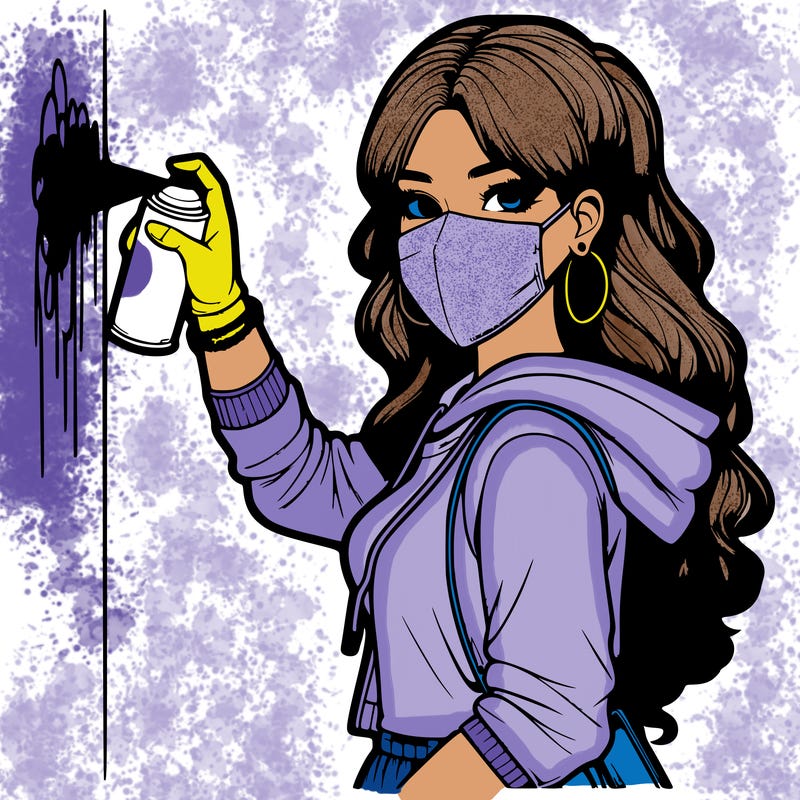 realistic girl with mask spray painting a wall