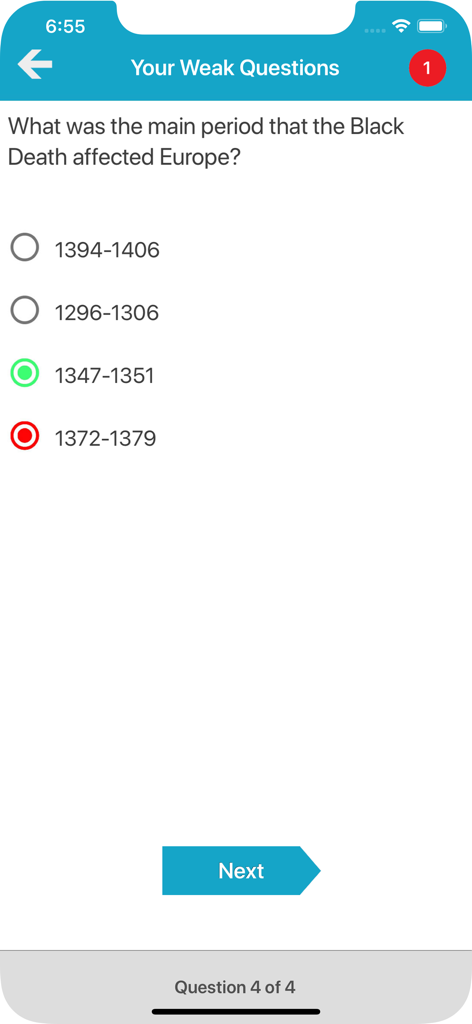 중세사 퀴즈 앱 인터페이스, 흑사병에 대한 질문이 포함된 약점 질문 검토 화면 표시