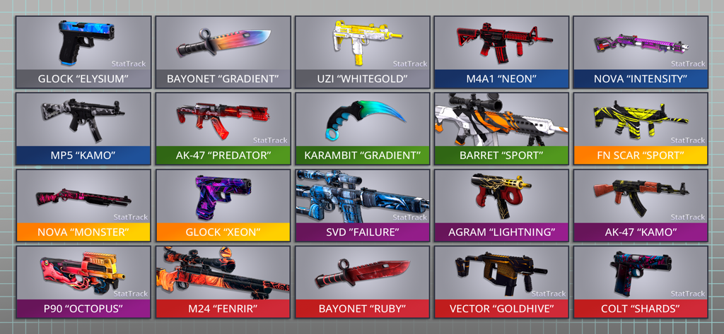 POLYWAR: 3D FPS online shooter - A grid showcasing various colorful weapon skins for guns and knives in the POLYWAR mobile game