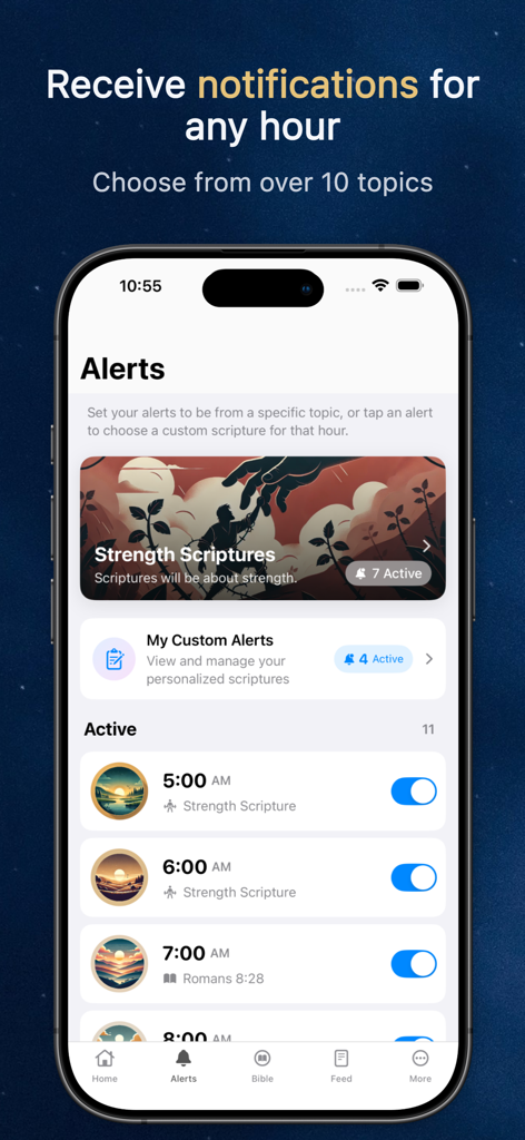 Bible Hour: Daily Verse Alerts - Interface of the Bible Hour app showing a list of active hourly scripture alerts and topic selection options