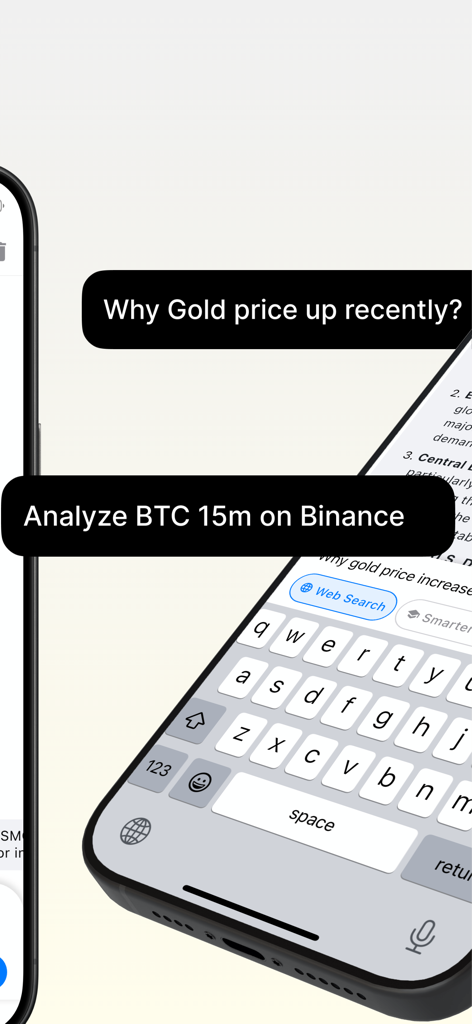 Mobile app interface showing AI chat bubbles with financial queries about gold prices and Bitcoin analysis