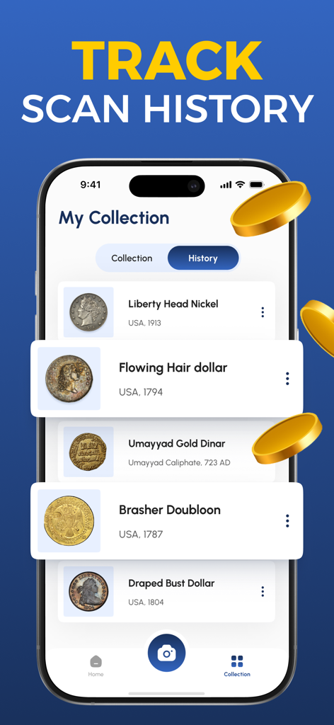Coin Scanner & Identifier App - Interfaz de aplicación móvil que muestra un historial de escaneo de varias monedas históricas identificadas en una lista de colección.