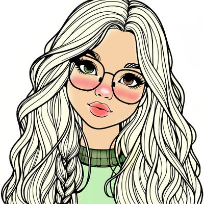 girl with long hair and freckles and glasses realistic
