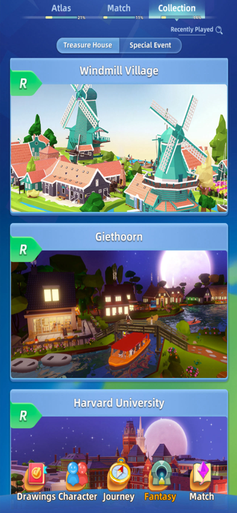 Pocket World-New Journey - The collection menu of Pocket World New Journey displaying 3D puzzle models of Windmill Village, Giethoorn, and Harvard University.