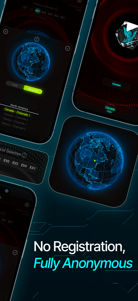 Interfaz de la aplicación Larva VPN que muestra un globo digital y el texto Sin Registro Completamente Anónimo.